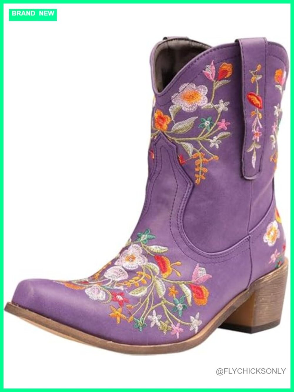 Faux Leather Western Ankle Boots Pointy Toe Pull-On Embroidered